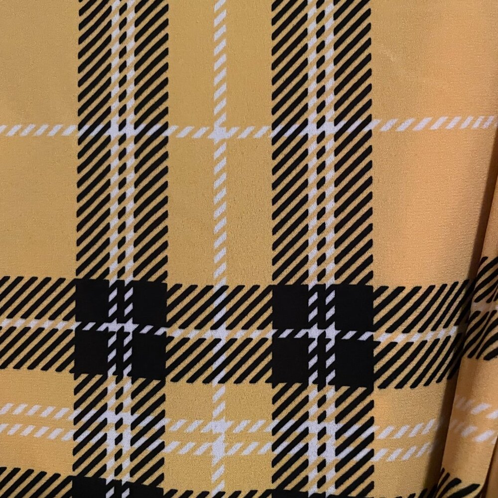 XS New York and Company yellow and black plaid high low puff shoulder top. - Picture 5 of 8